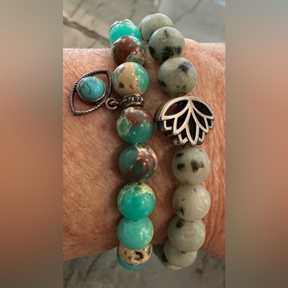 Jewelry - Two Stretch Beaded Bracelets, Turquoise w/Evil Eye & Jade w/Lotus Fits 6”-7”